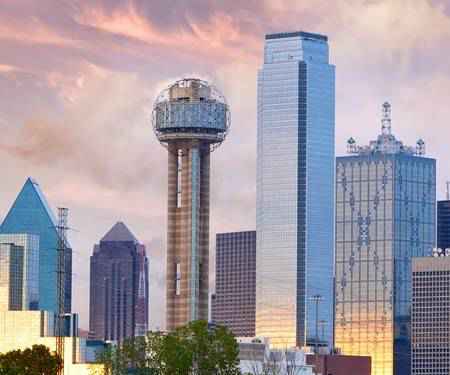 Dallas skyline with Reunion Tower at sunset