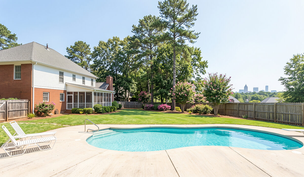 Sparkling backyard swimming pool under tall pines at a Georgia home