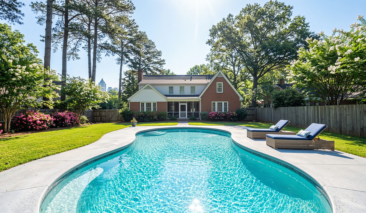 Sparkling backyard swimming pool under tall pines at a Georgia home
