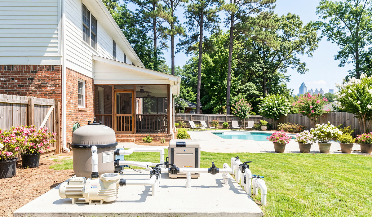 Pool equipment pad with pump, filter, and plumbing beside a Georgia home