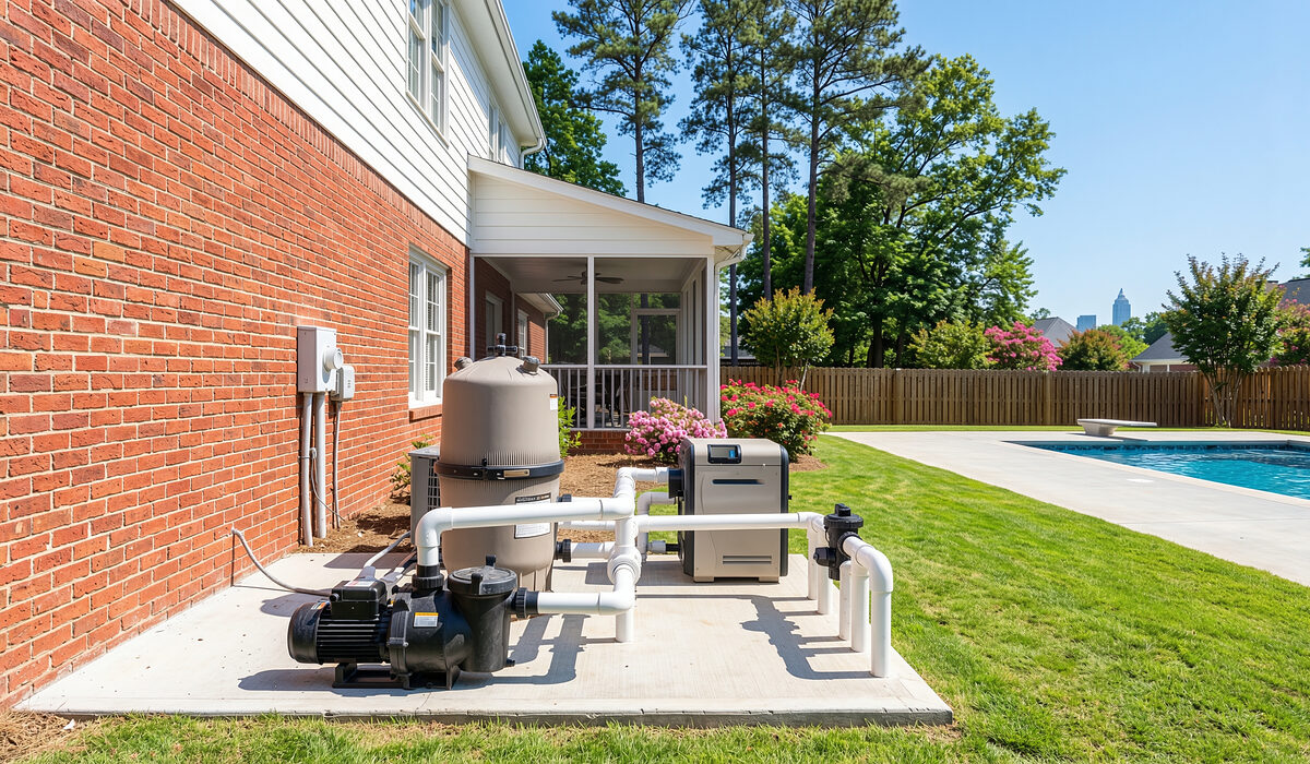 Pool equipment pad with pump, filter, and plumbing beside a Georgia home