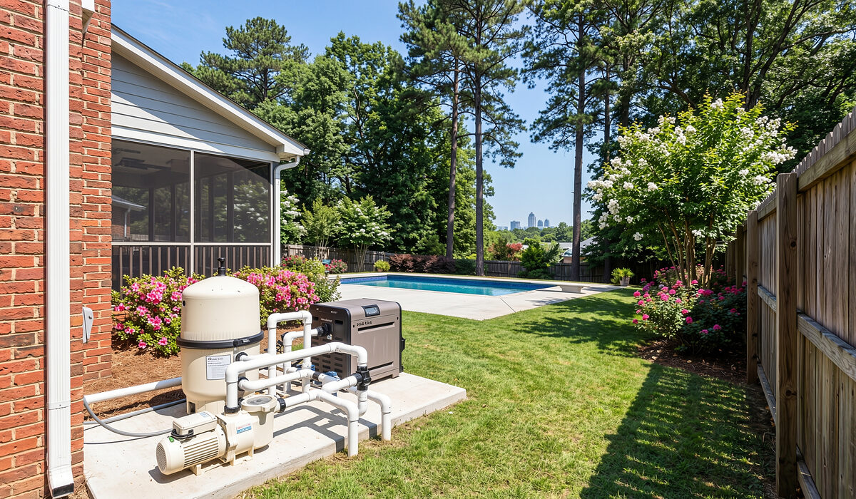 Pool equipment pad with pump, filter, and plumbing beside a Georgia home