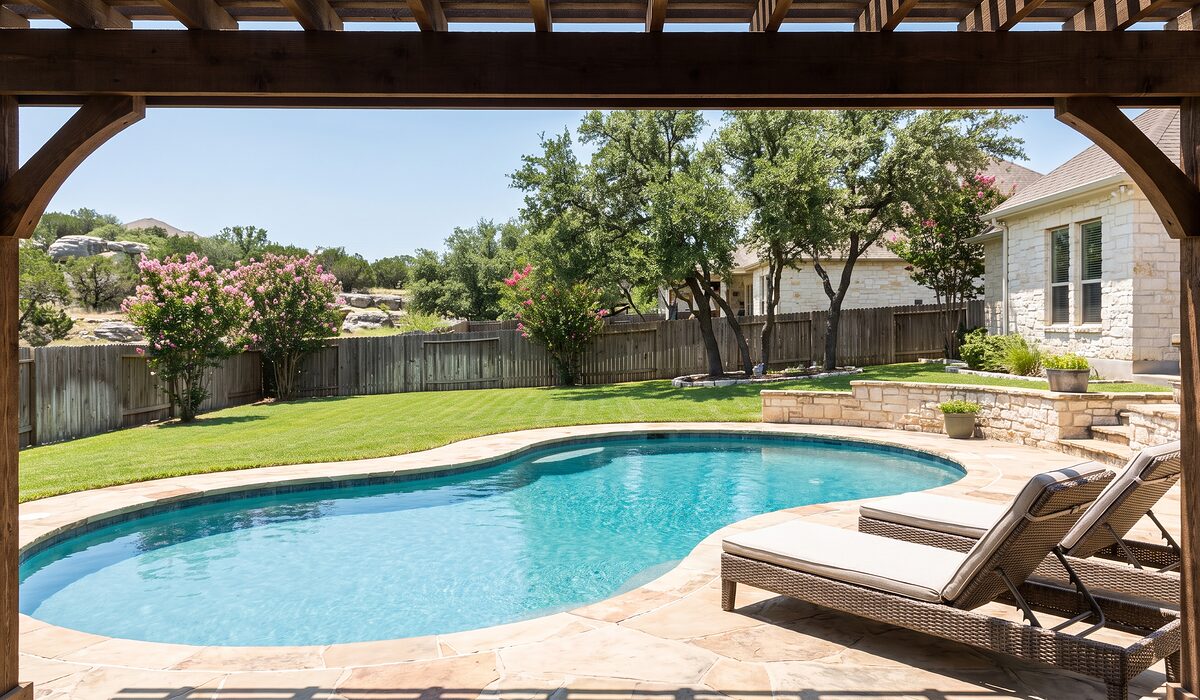 Sparkling backyard swimming pool at a Texas home on a sunny day