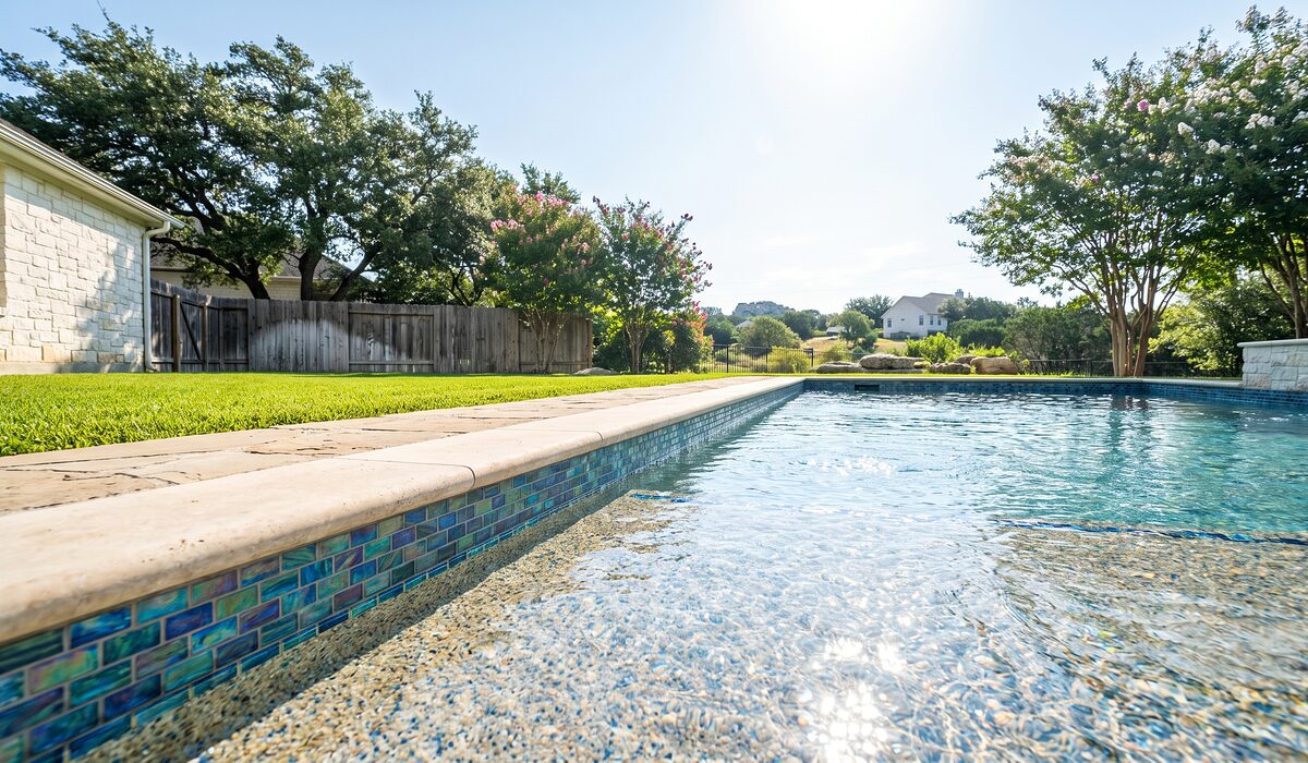 Remodeled swimming pool with new tile and coping at a Texas home