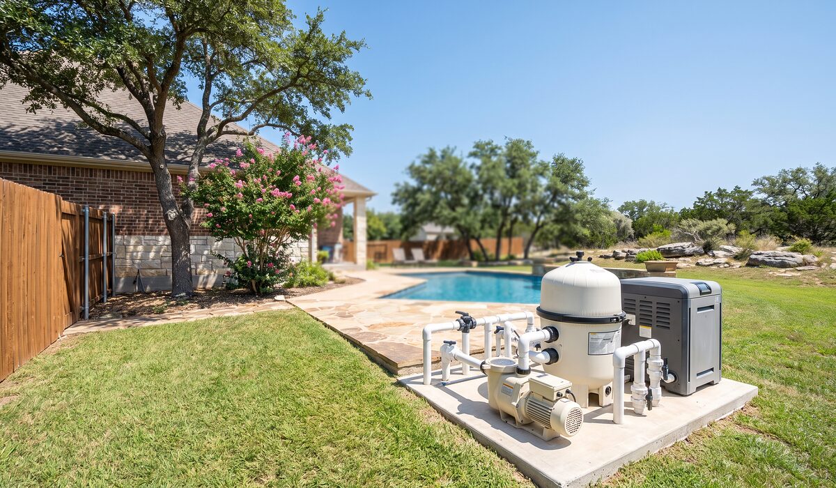 Pool equipment pad with pump, filter, and plumbing beside a Texas home