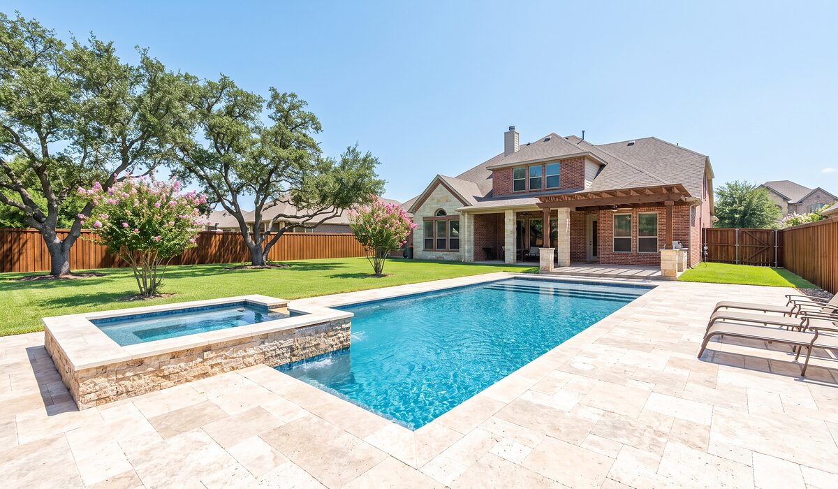 Newly built custom gunite pool with a travertine deck at a Texas home