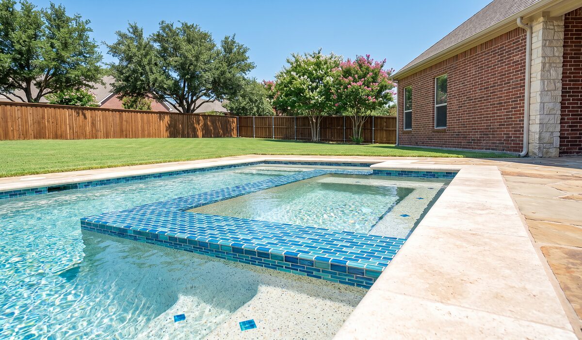 Remodeled swimming pool with new tile and coping at a Texas home