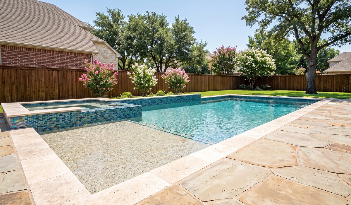 Remodeled swimming pool with new tile and coping at a Texas home