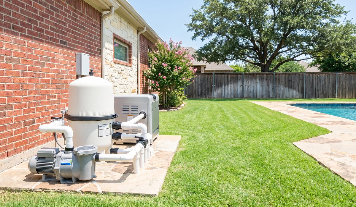 Pool equipment pad with pump, filter, and plumbing beside a Texas home