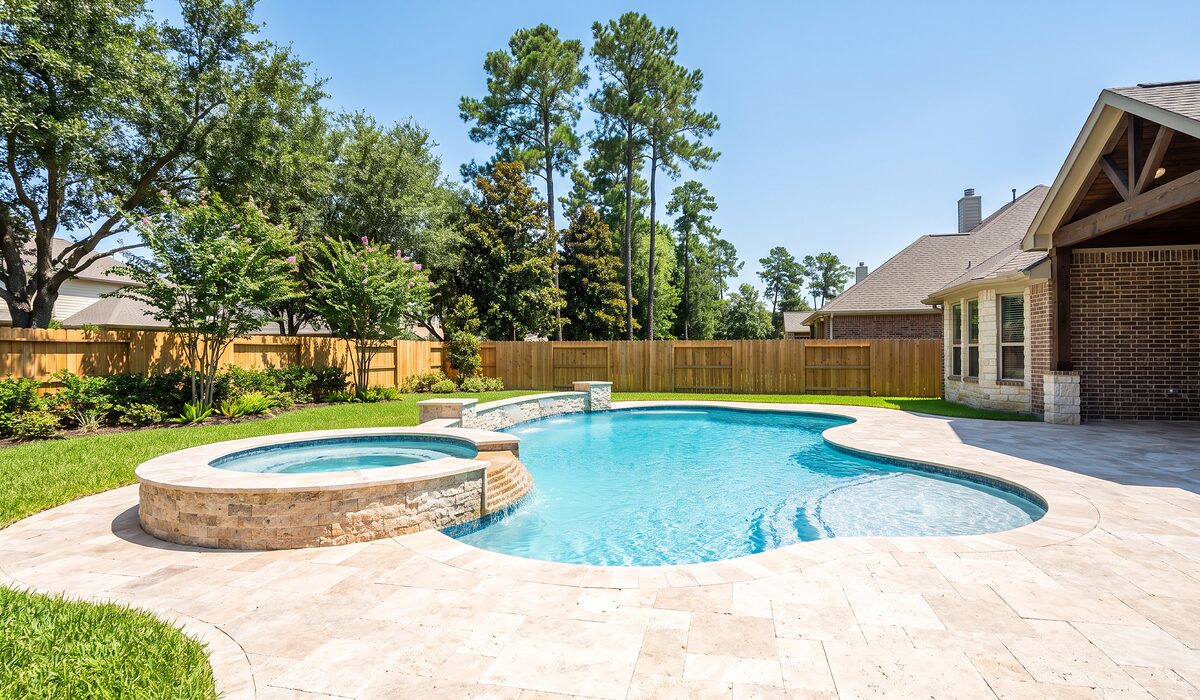 Newly built custom gunite pool with a travertine deck at a Texas home