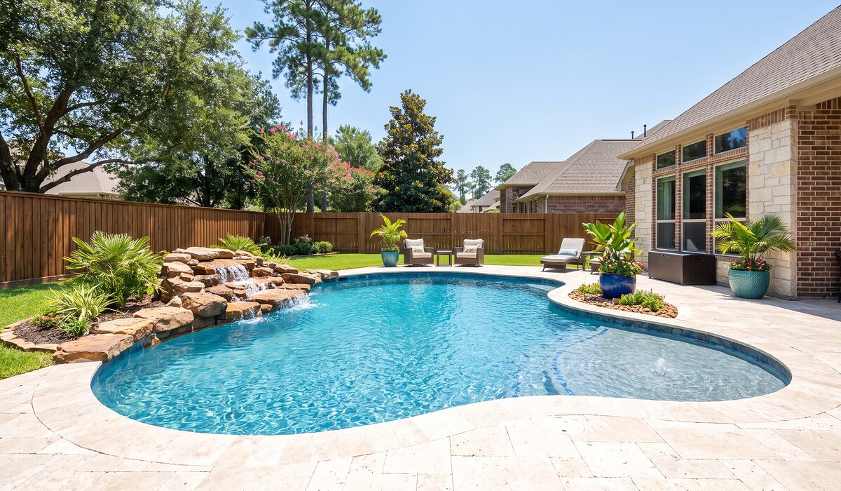 Newly built custom gunite pool with a travertine deck at a Texas home