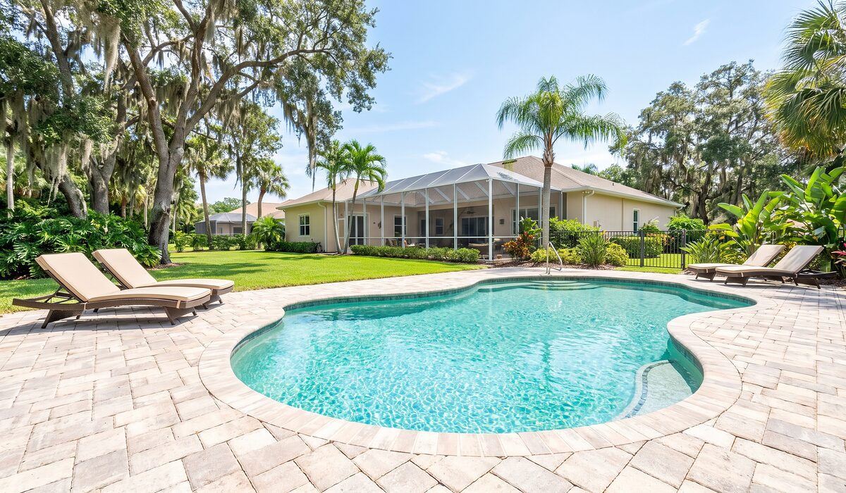 Sparkling backyard swimming pool inside a screened lanai at a Florida home