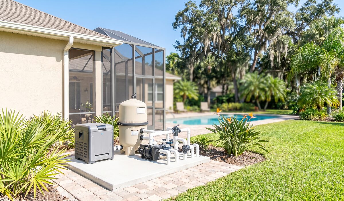 Pool equipment pad with pump, filter, and plumbing beside a Florida home