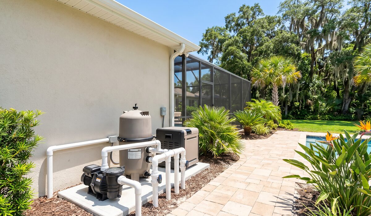 Pool equipment pad with pump, filter, and plumbing beside a Florida home