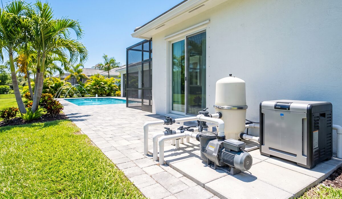 Pool equipment pad with pump, filter, and plumbing beside a Florida home