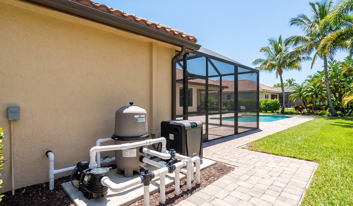 Pool equipment pad with pump, filter, and plumbing beside a Florida home
