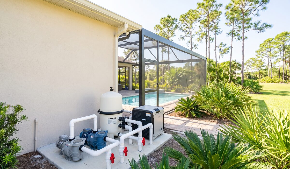 Pool equipment pad with pump, filter, and plumbing beside a Florida home