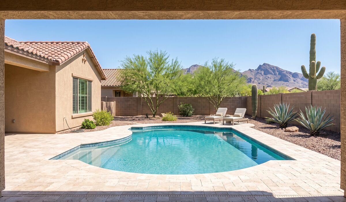 Sparkling backyard swimming pool with desert landscaping at an Arizona home