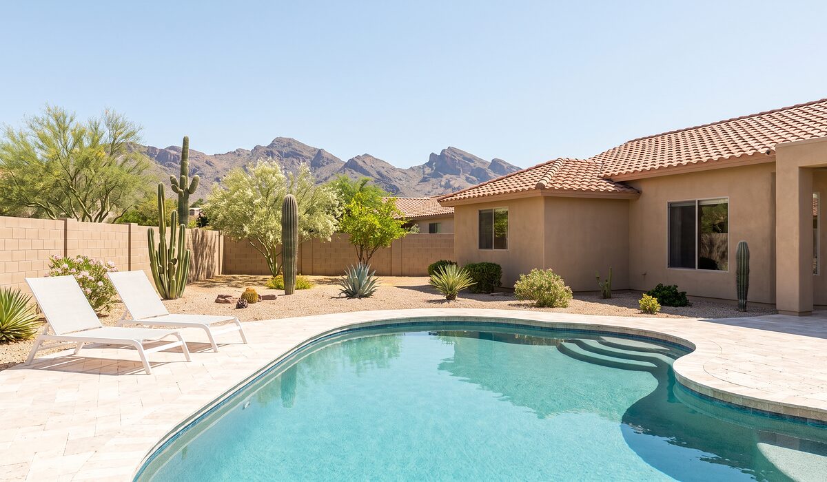 Sparkling backyard swimming pool with desert landscaping at an Arizona home