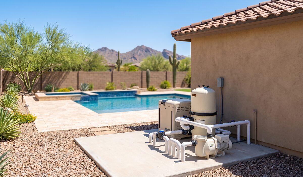 Pool equipment pad with pump, filter, and plumbing beside an Arizona home