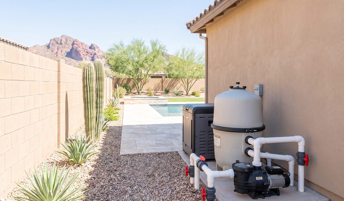 Pool equipment pad with pump, filter, and plumbing beside an Arizona home