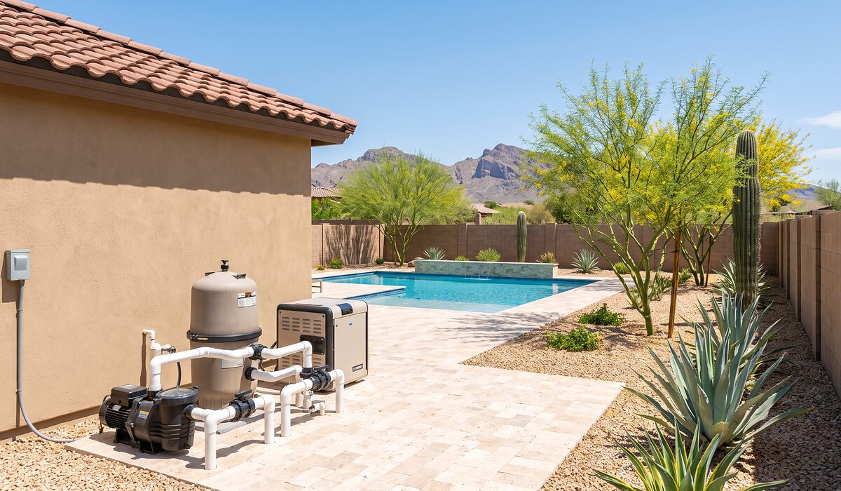 Pool equipment pad with pump, filter, and plumbing beside an Arizona home