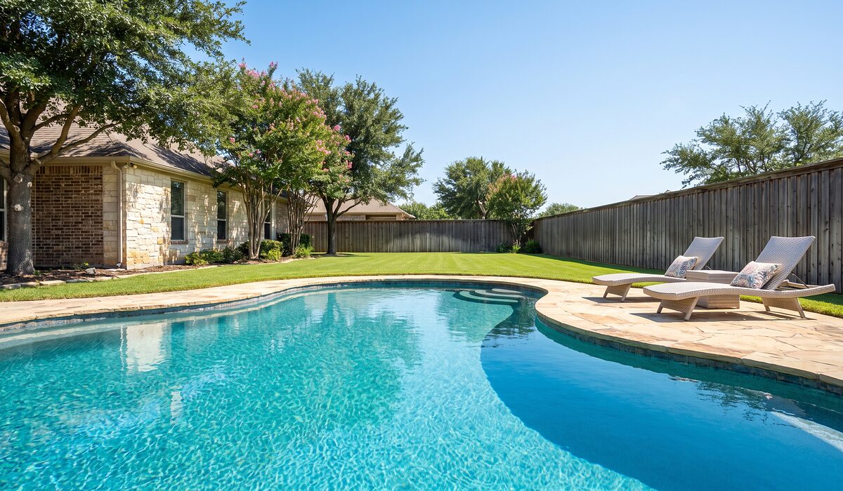 Sparkling backyard swimming pool at a Texas home on a sunny day