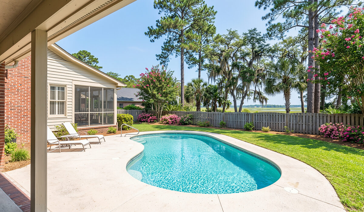 Sparkling backyard swimming pool under tall pines at a Georgia home