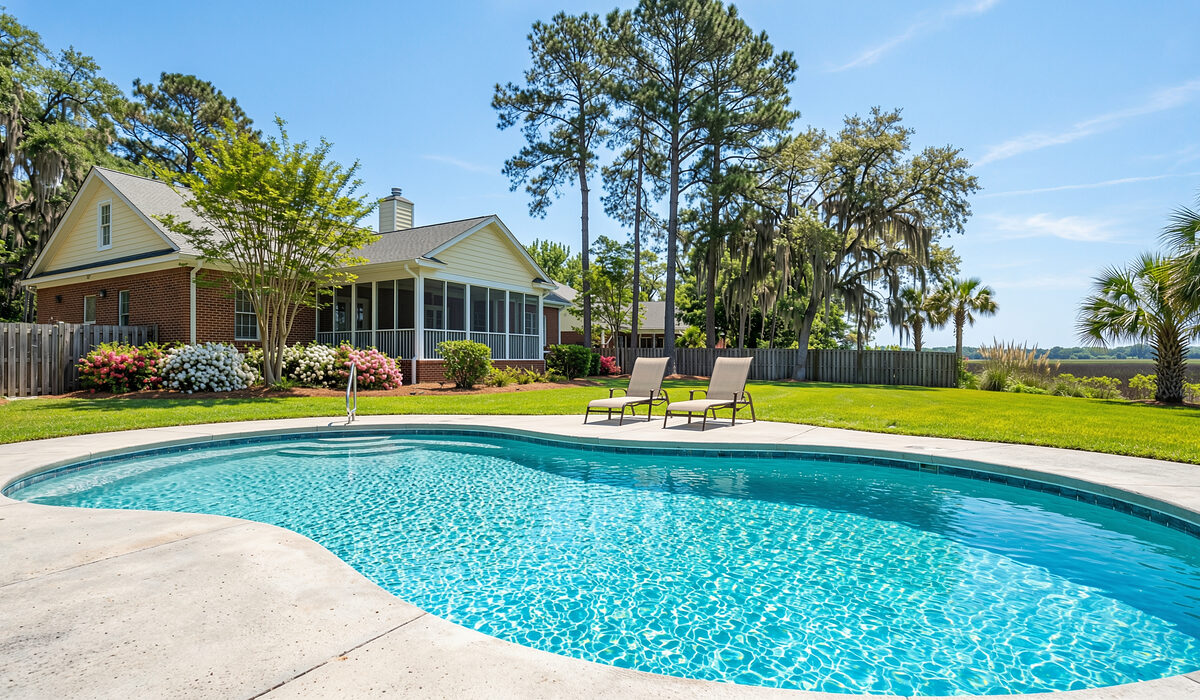 Sparkling backyard swimming pool under tall pines at a Georgia home