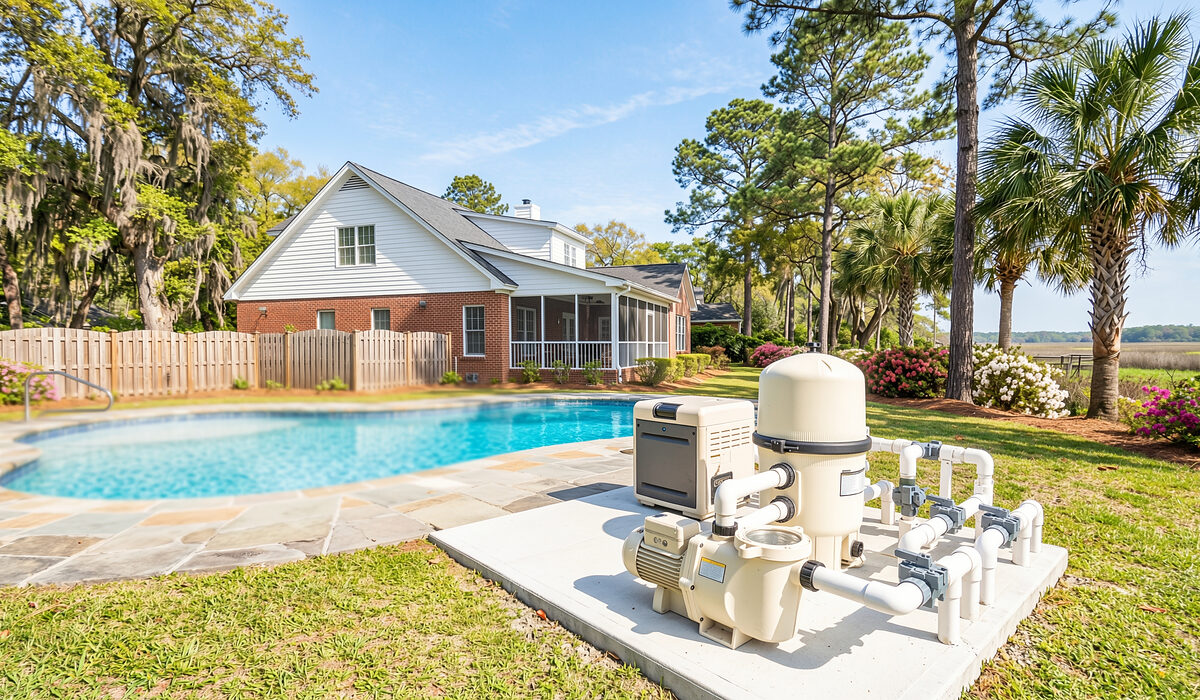 Pool equipment pad with pump, filter, and plumbing beside a Georgia home