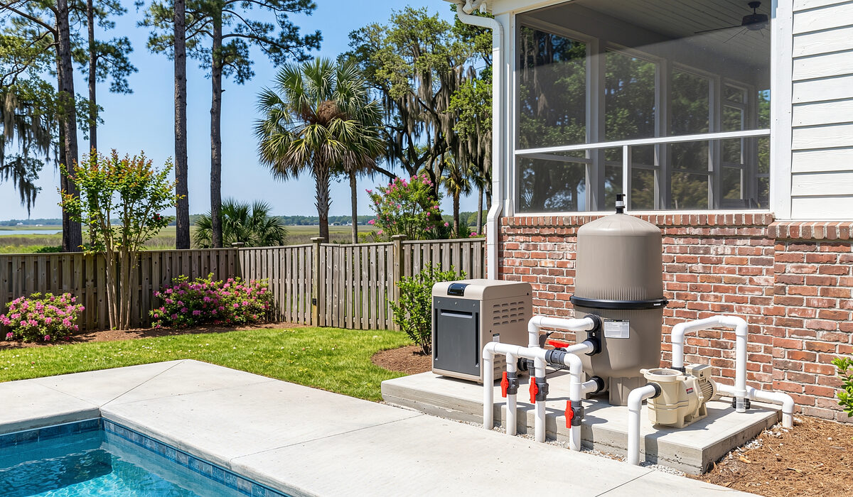 Pool equipment pad with pump, filter, and plumbing beside a Georgia home