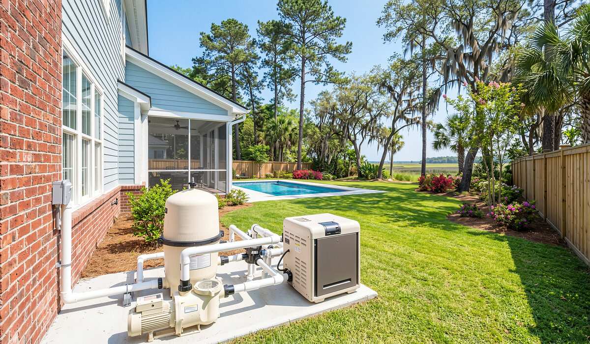 Pool equipment pad with pump, filter, and plumbing beside a Georgia home