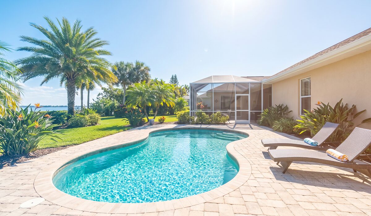 Sparkling backyard swimming pool inside a screened lanai at a Florida home