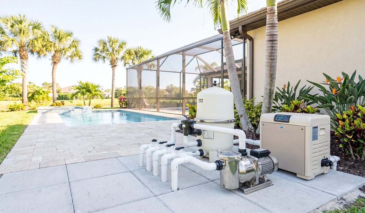 Pool equipment pad with pump, filter, and plumbing beside a Florida home