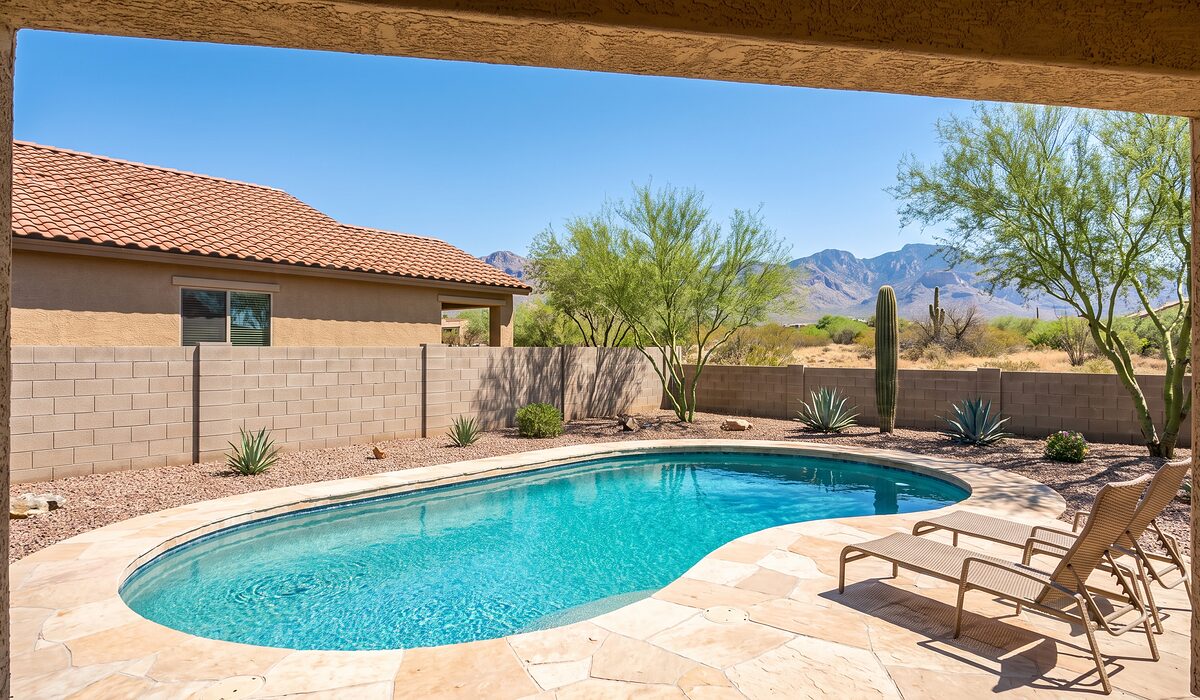 Sparkling backyard swimming pool with desert landscaping at an Arizona home