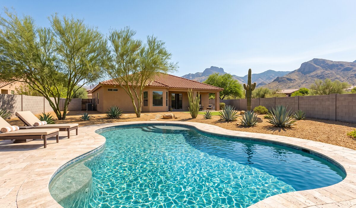 Sparkling backyard swimming pool with desert landscaping at an Arizona home