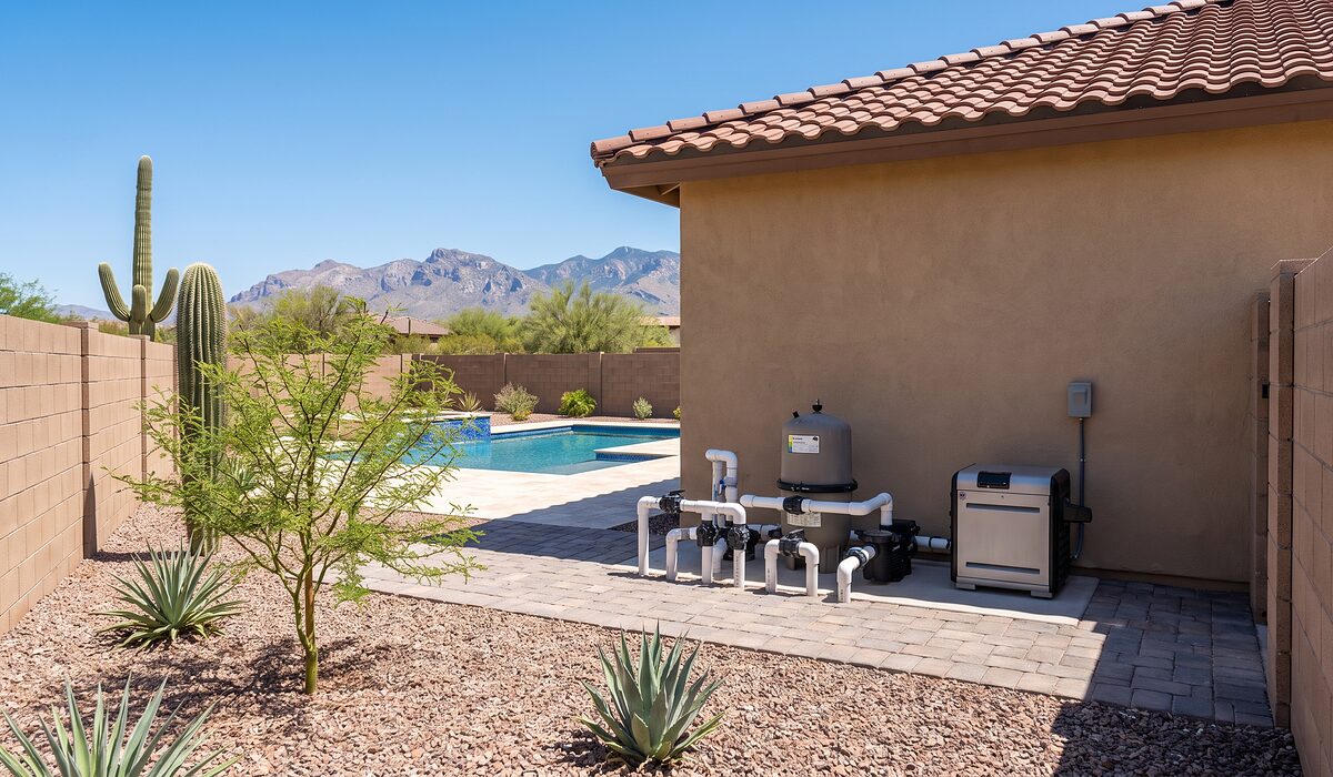 Pool equipment pad with pump, filter, and plumbing beside an Arizona home