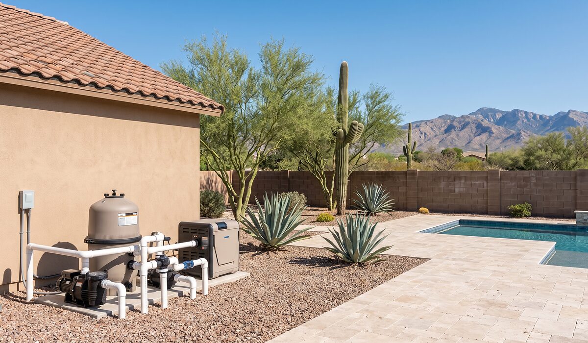 Pool equipment pad with pump, filter, and plumbing beside an Arizona home