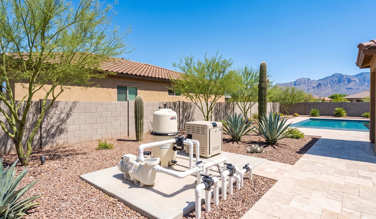 Pool equipment pad with pump, filter, and plumbing beside an Arizona home
