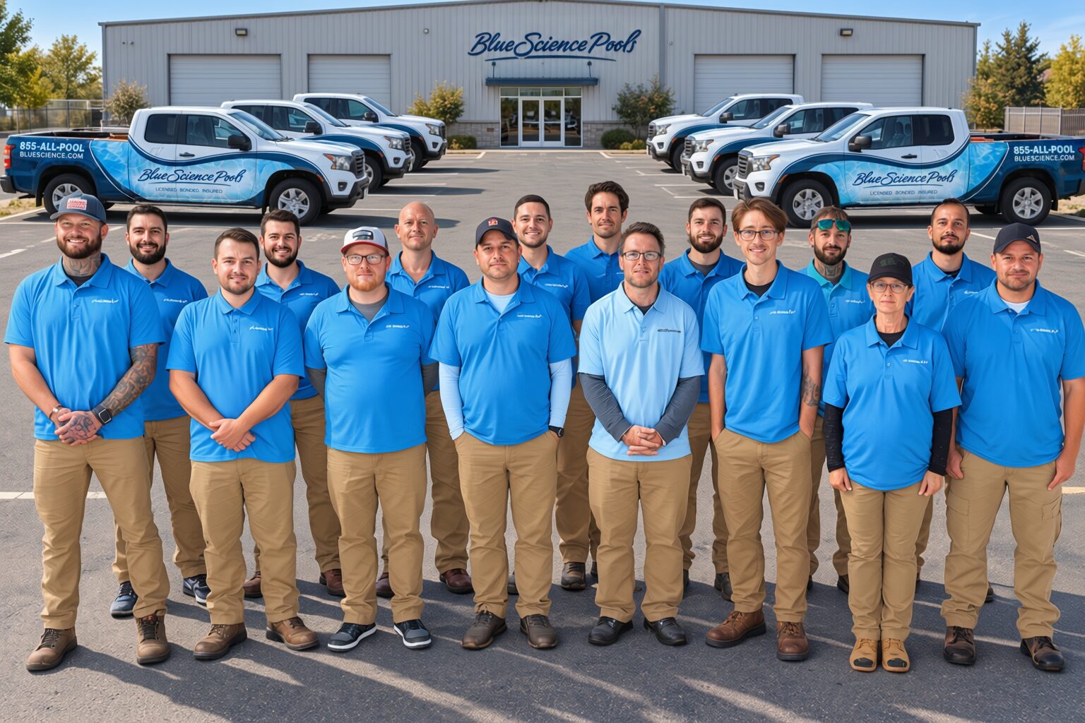 The Blue Science team in front of the shop, with service trucks parked behind them