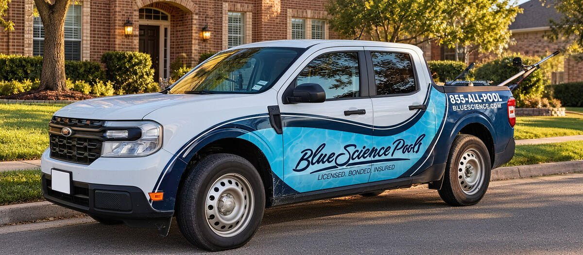 A Blue Science Pools service truck parked outside a customer's home
